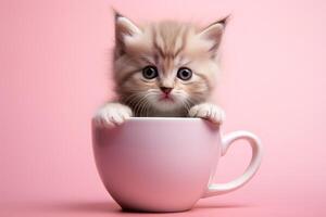 ai genererad söt fluffig kattunge inuti i en rosa kopp på rosa bakgrund foto