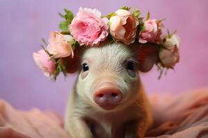 ai genererad söt inhemsk mini gris med rosa blommor krans på huvud på en lila bakgrund foto