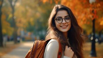 ai genererad skön studerande indisk flicka med ryggsäck och glasögon i de parkera, höst. utbildning inlärning foto