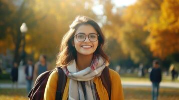 ai genererad skön studerande indisk flicka med ryggsäck och glasögon i de parkera, höst. utbildning inlärning foto