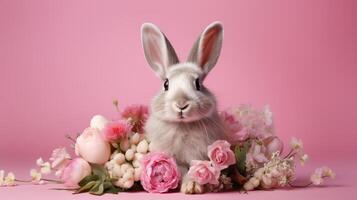 ai genererad söt kanin och blommor på rosa bakgrund. påsk Semester begrepp. söt påsk kanin foto