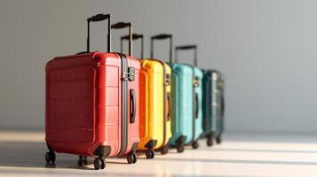 ai genererad färgrik resa resväskor. fyra färgrik resväskor i en rad mot de bakgrund av en grå vägg och en vit golv. foto