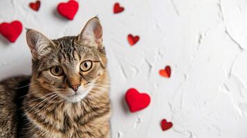 ai genererad kattunge på en suddig bakgrund av en vit betong vägg med röd hjärtan. porträtt av en katt isolerat på de vänster och Plats för text på de höger. de begrepp av kärlek och ömhet. foto