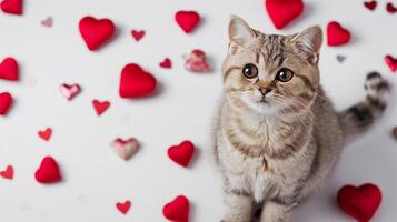 ai genererad söt kattunge på en suddig ljus bakgrund dekorerad med små röd hjärtan. en kattens blick överfyllda med anbud känslor. foto