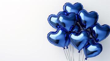 ai genererad blå hjärta formad helium ballonger på vit bakgrund. 8 metallisk blå bollar med Plats för text. hjärtans dag eller bröllop fest dekoration. foto