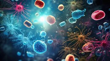 ai genererad digital illustration av virus i Färg bakgrund. virus celler i medicinsk bakgrund. mikroskopisk se. abstrakt bakgrund för en kropp microbiome bakterie medicinsk begrepp. foto