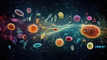 ai genererad sjukdomsalstrande stavar och virus under en mikroskop. digital illustration av en virus på en Färg bakgrund. foto