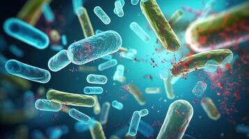 ai genererad escherichia coli i vatten under en mikroskop. 3d illustration av gramnegativ stavformad bakterie med en enda polär flagellum. foto
