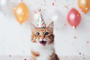 ai genererad söt förtjusande födelsedag katt med konfetti, ballonger och i fest hatt Sammanträde på vit bakgrund. foto