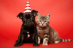 ai genererad söt förtjusande födelsedag svart bulldogg hund i fest hatt med kattunge katt Sammanträde på röd bakgrund foto