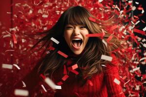 ai genererad ung Lycklig nöjd upphetsad roligt överraskad förvånad kvinna i en stänk av festlig röd konfetti. foto
