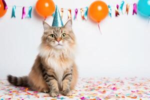 ai genererad söt förtjusande födelsedag katt med konfetti, ballonger och i fest hatt Sammanträde på vit bakgrund. foto