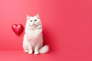 ai genererad porträtt av en söt liten inhemsk katt på en röd bakgrund med kärlek hjärta. foto
