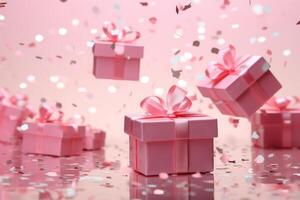 ai genererad många rosa gåva lådor med en rosett på festlig glittrande bokeh mörk rosa bakgrund foto