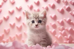 ai genererad porträtt av en söt liten inhemsk katt på en rosa bakgrund med kärlek hjärtan. foto