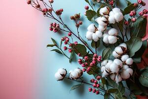 ai genererad topp se torkades kvist av fluffig bomull på en pastell blå och rosa bakgrund, naturlig dekoration med kopia Plats foto