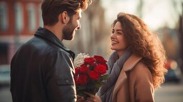 ai genererad leende man ger blommor till kvinna på hjärtans dag foto