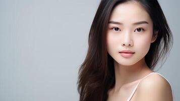 ai genererad skön asiatisk flicka med rena, färsk hud på vit bakgrund. ansiktsbehandling vård foto