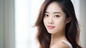 ai genererad skön asiatisk flicka med rena, färsk hud på vit bakgrund. ansiktsbehandling vård foto