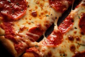 ai genererad makro textur av utsökt pepperoni pizza med smält ost, stänga upp. ai genererad. foto