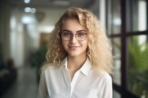 ai genererad skön ung kvinna lockigt blond hår med specs stående i de kontor och leende. porträtt av en framgångsrik Lycklig företag kvinnor i modern glasögon på en ljus bakgrund av kontor. foto