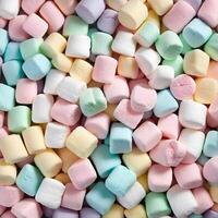 ai genererad flerfärgad marshmallows. bakgrund av färgrik blå och rosa marshmallows. foto