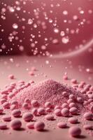 ai genererad rosa bubblor sprida ut tvärs över de rosa yta, varierande i storlek och textur. foto