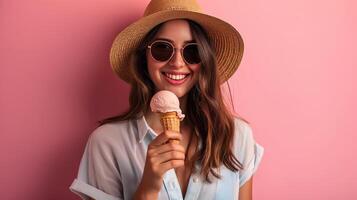 ai genererad sommar mode porträtt av Lycklig kvinna med solglasögon och is grädde foto