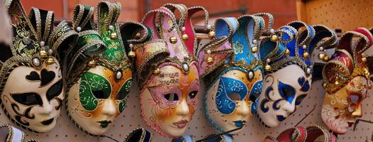 traditionell venetian masker på hyllor i souvenirer affär i Venedig, Italien. skön karneval masker i mängd av färger. äkta och original- venetian fullt ansikte masker för karneval. foto