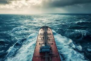 ai genererad tankfartyg fartyg fartyg är segling i hav genom de tung storm . foto