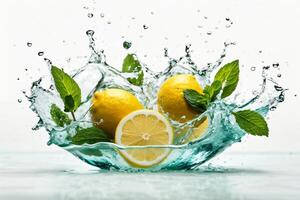 ai genererad färsk citron- och mynta faller in i vatten med stänk, isolerat på vit bakgrund foto