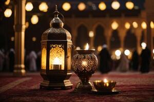 ai genererad dekorativ arabicum lykta med brinnande ljus lysande på natt och glittrande gyllene bokeh lampor. festlig hälsning kort, inbjudan för muslim helig månad ramadan kareem. mörk bakgrund foto