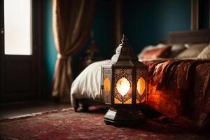 ai genererad dekorativ arabicum lykta med brinnande ljus lysande på natt och glittrande gyllene bokeh lampor. festlig hälsning kort, inbjudan för muslim helig månad ramadan kareem. mörk bakgrund foto