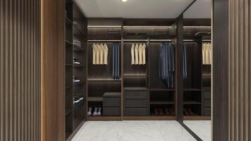öppen promenad i garderob visa design med trä- skåp möblering och hyllor kuggstång foto