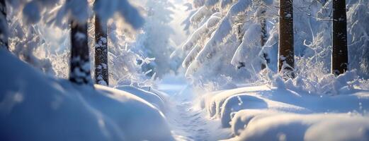 ai genererad en lugn snöig väg vindar genom en solbelyst skog, de träd täckt i tjock glasera, skapande en lugn vinter- landskap foto