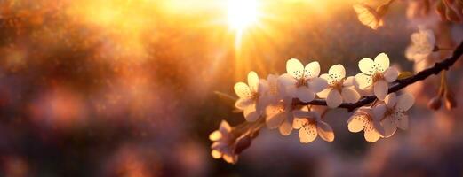 ai genererad körsbär blommar glittra i de värma ljus av en miljö Sol. gyllene nyanser av solnedgång, skönhet och transience av vår. bakgrund med kopia takt. panorama. foto