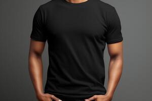 ai genererad svart klassisk crewneck t-shirt attrapp med modell 2 foto
