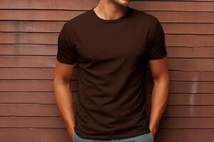 ai genererad brun klassisk crewneck t-shirt attrapp med modell foto