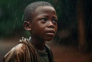 ai genererad afrikansk fattig pojke på mina under regn. generera ai foto