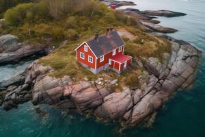 ai genererad antenn Drönare skott av djupröd hus havet byggnad. generera ai foto