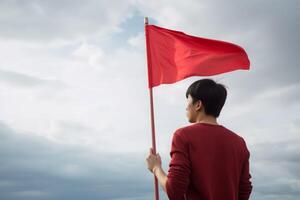 ai genererad ensam man med röd flagga. generera ai foto