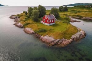 ai genererad antenn se av röd hus på stranden. generera ai foto