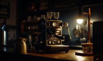 ai genererad en eleganta kaffe maskin på en rustik trä- tabell. en kaffe maskin Sammanträde på topp av en trä- tabell foto