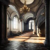ai genererad ultra realistisk modern slott interiör. en stor rum med en kristallkrona och en trappa foto