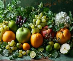 ai genererad målning av olika frukt anordnad på en tabell. en färgrik målning skildrar ett sortiment av frukt visas på en tabell. foto