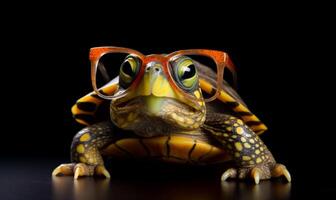 ai genererad söt liten grön sköldpadda med glasögon. en små sköldpadda med glasögon på dess huvud foto