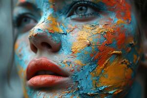 ai genererad stänga upp av kvinna med måla täckt ansikte. en kvinnors ansikte upp stänga som visar levande måla stänker i en fängslande och konstnärlig visa. foto