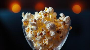 ai genererad popcorn i en glas, de perfekt Hem bio mellanmål för en mysigt kväll, ai genererad. foto