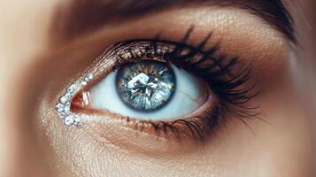 ai genererad fängslande närbild av en kvinnas öga Utsmyckad med en gnistrande diamant, ai genererad foto
