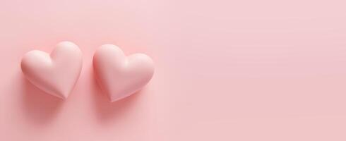 ai genererad kärlek dekoration bakgrund begrepp två hjärtan på pastell rosa bakgrund, ai genererad foto